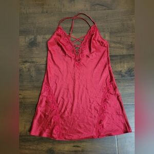 Victoria's Secret Red Satin Lace Trim Strappy Chemise Nightie Lingerie Medium